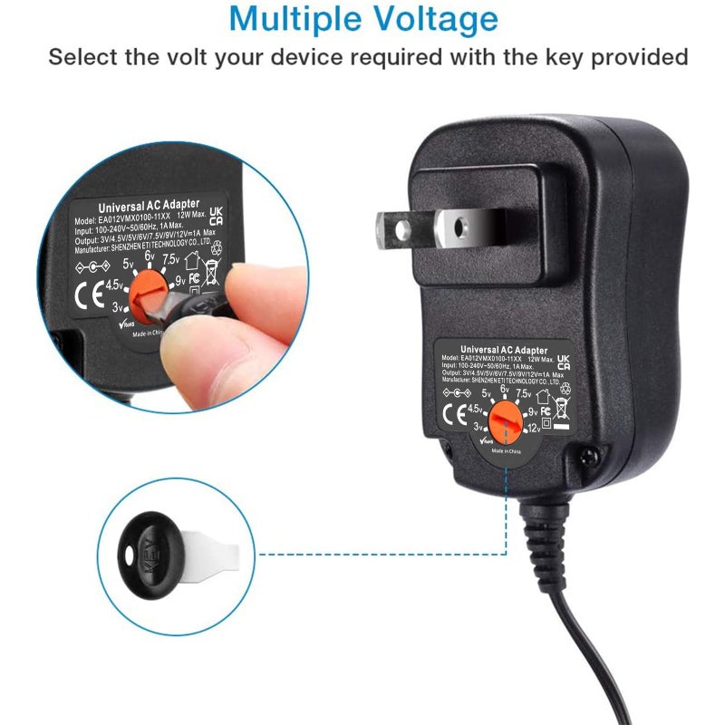 Powseed 12W Universal AC Adapter DC 3V 4.5V 5V 6V 7.5V 9V 12V Power Cord for Household Electronics CCTV IP Camers Routers Speaker Webcam Multi Voltage 1000mA Wall Cord Charger - Image 3